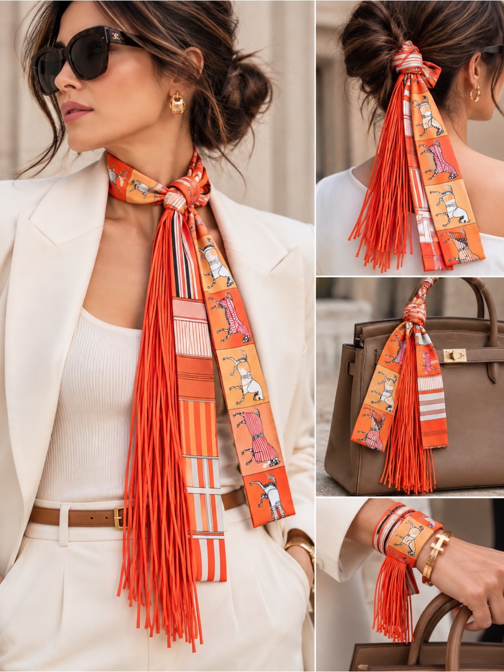 New Orange & Multicolor Silk Fringe Horse Motif Twilly Scarf / Bag Handle Wrap 5